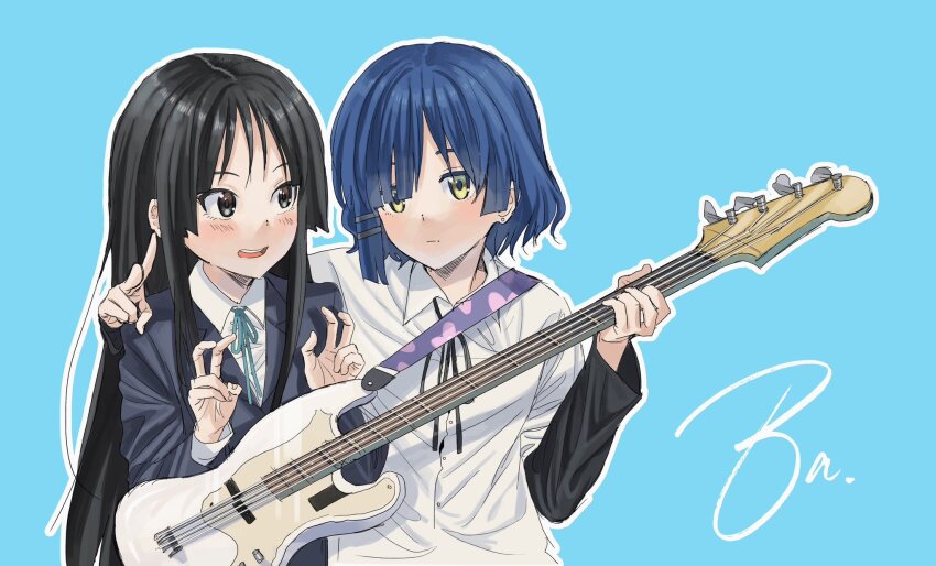 2girls akiyama_mio asymmetrical_hair awestruck bass_guitar black_eyes black_hair black_ribbon black_undershirt blazer blue_background blue_hair blue_jacket blue_ribbon blush bocchi_the_rock! crossover dddoochi1 double_v bass_guitar hair_ornament hairclip highres hime_cut holding holding_bass_guitar holding_instrument instrument jacket k-on! long_hair long_sleeves looking_at_viewer mole multiple_girls neck_ribbon open_mouth ribbon sakuragaoka_high_school_uniform school_uniform shirt short_hair smile teeth upper_teeth_only v white_shirt yamada_ryo yellow_eyes