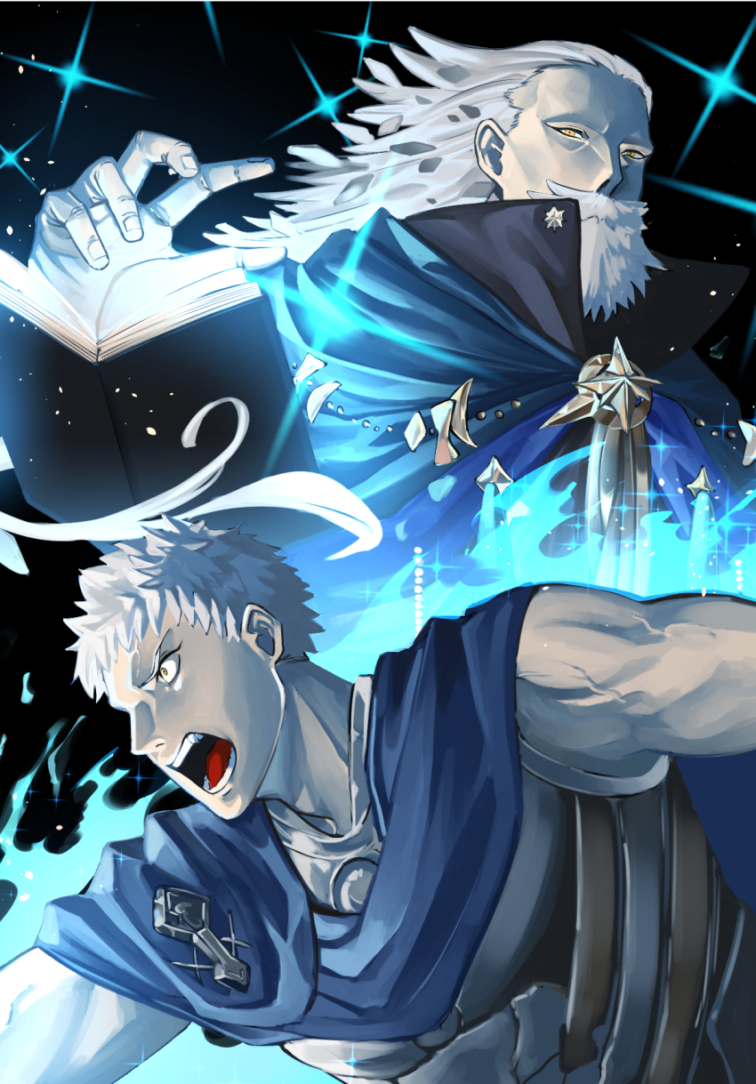 2boys aura beard book cloak dual_persona facial_hair fate/grand_order fate_(series) floating floating_book floating_object from_below full_beard greco-roman_clothes high_collar highres itaru_(kidomh63) looking_ahead male_focus mature_male multiple_boys mustache noble_phantasm_(fate) old old_man ptolemy_(fate) ptolemy_(first_ascension)_(fate) ptolemy_(third_ascension)_(fate) short_hair shouting thick_eyebrows thick_mustache toned toned_male wrinkled_skin