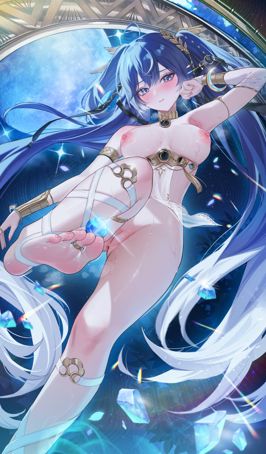 1girl absurdres ahoge anus arm_up armlet armpits barefoot blue_eyes blue_hair blush breasts breasts_apart closed_mouth commentary english_commentary feet fingernails foot_out_of_frame from_below full_moon hair_belt hand_up highres iuno_(wuthering_waves) jewelry laurel_crown leg_wrap lichiko long_hair looking_at_viewer medium_breasts moon multicolored_hair nipples nude orb pussy revealing_clothes soles solo streaked_hair sweat thighlet thighs toe_ring toes twintails underboob vambraces very_long_hair wuthering_waves