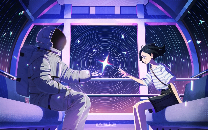 1girl 1other bag black_shorts commentary_request ferris_wheel from_side gloves helmet highres legs looking_at_another matsuba10 original polaris_(star) scenery shirt shorts shoulder_bag sitting space_helmet spacesuit striped_clothes striped_shirt white_gloves