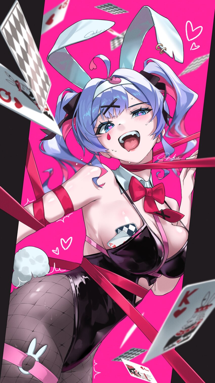 1girl absurdres animal_ears bare_shoulders black_leotard blue_eyes blue_hair bound bound_arms bound_torso bow bowtie breasts card clothing_cutout cutout_above_navel detached_collar fake_animal_ears hair_ornament hatsune_miku heart heart_cutout highres large_breasts leotard looking_at_viewer object_in_bra open_mouth pantyhose pink_pupils playboy_bunny playing_card rabbit_ears rabbit_hole_(vocaloid) rabbit_tail red_rope rope solo t3ku tail teardrop_facial_mark twintails vocaloid x_hair_ornament
