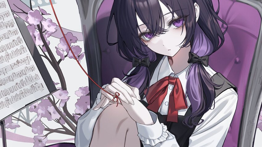 1girl aegyo_sal black_bow black_dress black_hair bow branch chair closed_mouth collared_shirt colored_inner_hair commentary_request commission crossed_bangs dress flower flower_request hair_between_eyes hair_bow hair_over_shoulder hands_on_own_knee head_tilt highres knee_up long_sleeves looking_at_viewer low_twintails moduku multicolored_hair music_stand neck_ribbon original own_hands_together purple_eyes purple_flower purple_hair red_bow red_ribbon ribbon second-party_source sheet_music shirt sidelocks sitting solo string string_around_finger string_of_fate twintails upper_body white_shirt
