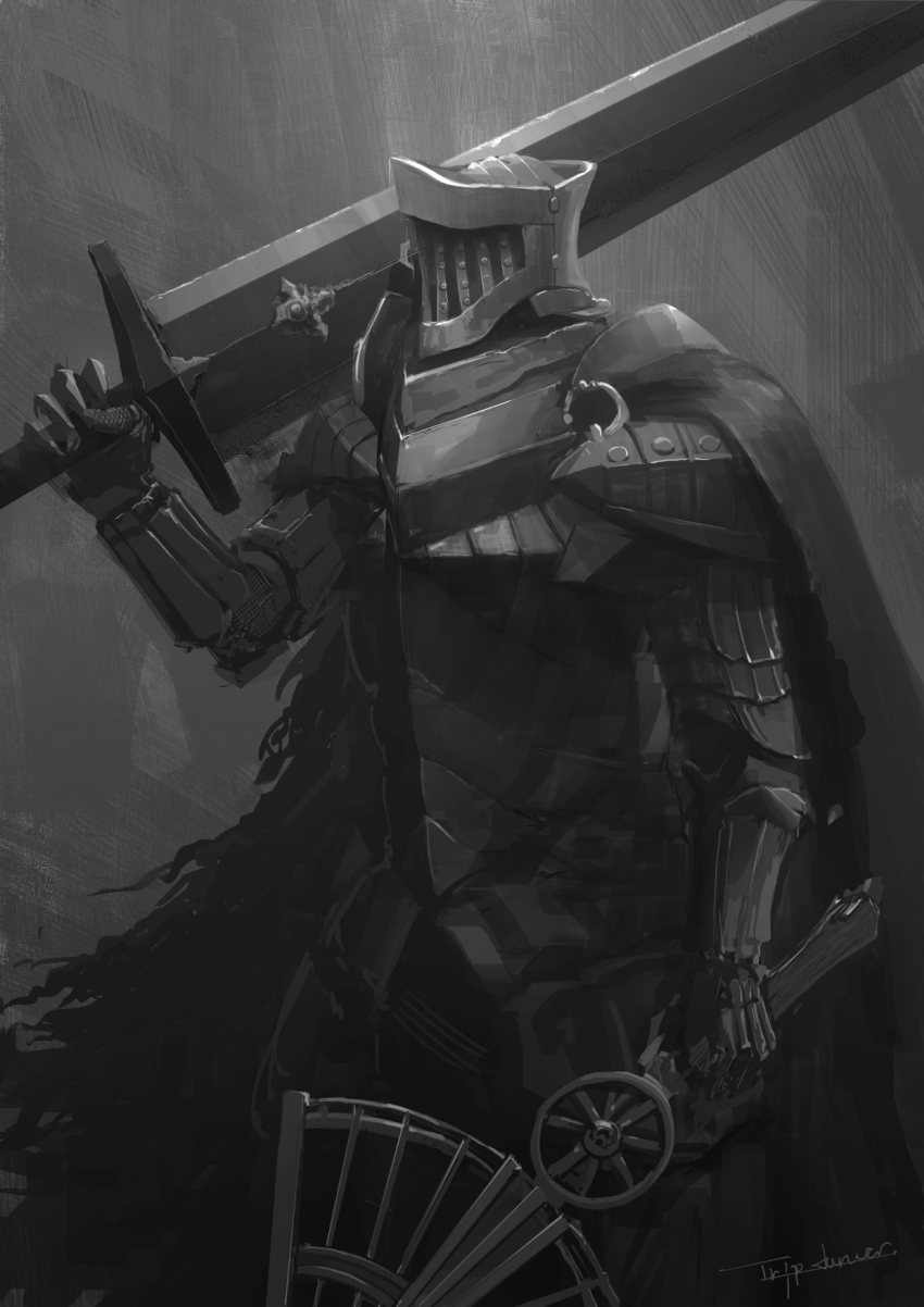 1other ambiguous_gender armor artist_name bow_(weapon) breastplate crossbow full_armor gauntlets gradient_background grey_background helm helmet highres holding holding_crossbow holding_sword holding_weapon long_sleeves sword tripdancer weapon