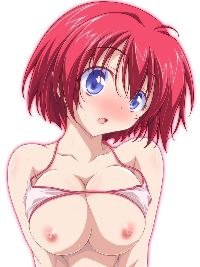 1girl :o bikini bikini_top_lift blue_eyes blush breasts cleavage clothes_lift commentary_request halterneck head_tilt highres hinomoto_hikari kikuchi_tsutomu large_breasts looking_at_viewer mole mole_under_eye nipples open_mouth pink_bikini red_hair short_hair simple_background solo sweat swimsuit tokimeki_memorial tokimeki_memorial_2 upper_body white_background