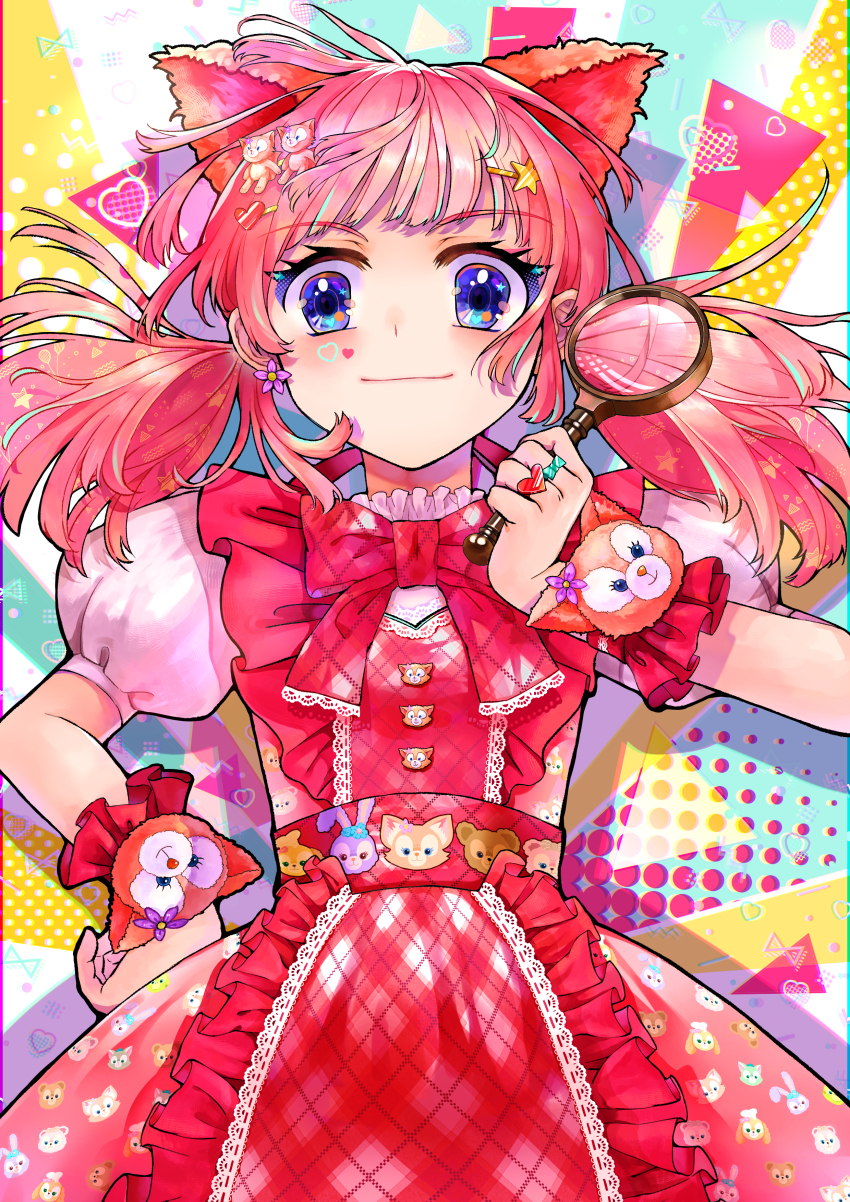1girl absurdres animal_ears animification character_doll cookieann doll duffy_and_friends duffy_the_disney_bear fox fox_girl highres holding holding_magnifying_glass humanization linabell long_hair looking_at_viewer magnifying_glass oemiracle shelliemay smile solo standing stellalou twintails