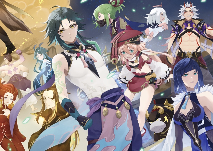 4boys 6+girls abs absurdres arataki_itto back bare_legs bare_shoulders barefoot belt black_eyes blonde_hair blue_eyes blue_hair bonanus_(genshin_impact) bosacius_(genshin_impact) breasts brown_hair bull china_dress chinese_clothes cleavage dress earrings eyebrows_hidden_by_hair flying genshin_impact green_eyes green_hair grey_hair hair_between_eyes hair_ribbon halo hat highres horns indarias_(genshin_impact) japanese_clothes jewelry kinaco_4738 kuki_shinobu long_hair looking_at_viewer mask menogias_(genshin_impact) multicolored_hair multiple_boys multiple_girls necklace oni oni_horns open_mouth paimon_(genshin_impact) pink_hair purple_eyes red_eyes red_hair ribbon short_hair smile stomach tattoo white_hair xiao_(genshin_impact) yanfei_(genshin_impact) yelan_(genshin_impact) yellow_eyes zhongli_(genshin_impact)