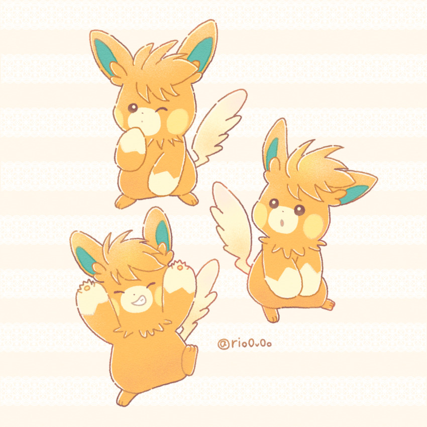 animal_focus arms_up black_eyes bright_pupils closed_eyes commentary_request full_body grin highres multiple_views nintendo no_humans one_eye_closed pawmo pink_background pokemon pokemon_(creature) rio_(rio0v0o) smile white_pupils