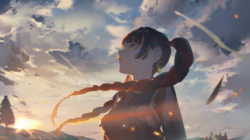 1girl black_hair closed_mouth cloud cloudy_sky earrings eyeshadow falling_leaves fisheye floating_hair harusaruhi jewelry kamitsubaki_studio kuronoiparoma leaf lens_flare long_hair looking_up makeup multicolored_hair pink_lips red_streaks sidelocks sky solo streaked_hair sunset tree twintails virtual_youtuber