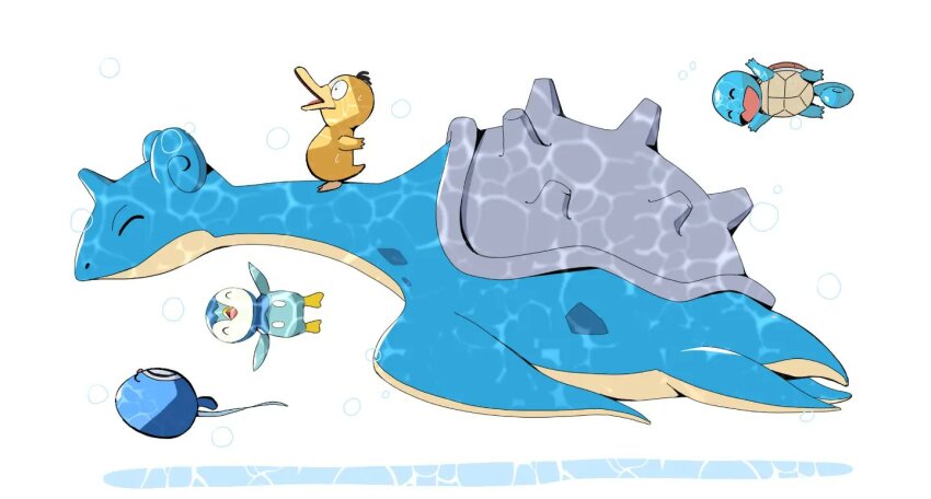 ^_^ black_eyes closed_eyes closed_mouth commentary from_side gen_1_pokemon gen_4_pokemon lapras nintendo no_humans open_mouth piplup pokemon pokemon_(creature) pokemon_focus poliwag psaber97 psyduck squirtle tongue white_background