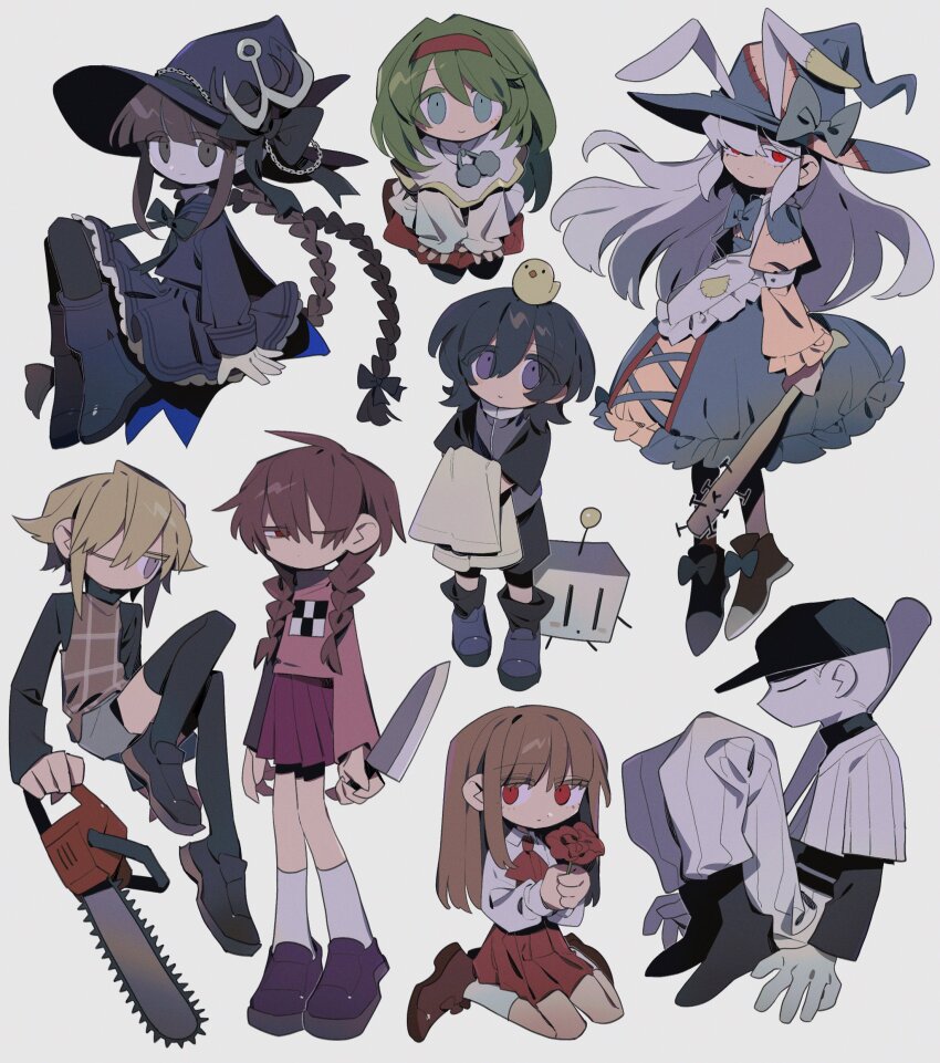1boy 6+girls absurdres ai-chan_(atytk) ai_to_yuuki_to_kashiwamochi animal animal_ears animal_on_head baby_animal baseball_bat baseball_cap baseball_uniform bird bird_on_head black_headwear black_thighhighs blonde_hair boots bow braid brown_hair chainsaw chick closed_eyes colored_skin crossover dress flower funamusea green_hair grey_background hairband hat hat_bow hat_ornament higa423 highres holding ib_(ib) ib_(kouri) irisu_kyouko irisu_shoukougun! kneehighs knife long_hair long_sleeves madotsuki multiple_girls nail_(hardware) nail_bat off_(game) on_head one_eye_closed oounabara_to_wadanohara pom_pom_(clothes) purple_eyes rabbit_ears red_eyes red_flower red_rose red_skirt rose short_hair simple_background skirt socks sportswear the_batter_(off) thighhighs twin_braids urotsuki wadanohara white_skin witch_hat yume_2kki yume_nikki