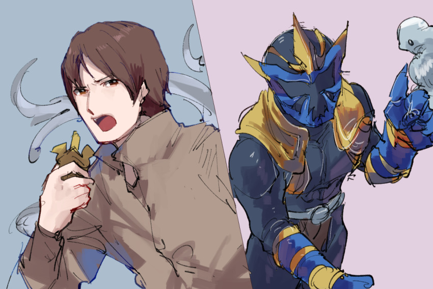 1boy belt bird bird_on_hand black_bodysuit black_headwear blue_background blue_gloves bodysuit brown_eyes brown_hair brown_shirt chikichi collared_shirt from_above gloves half-closed_eyes hand_up helmet holding holding_whistle izumi_iori kamen_rider kamen_rider_hibiki kamen_rider_hibiki_(series) kamen_rider_ibuki long_sleeves looking_to_the_side looking_up male_focus matching_hair/eyes multiple_views open_mouth pink_background shirt short_hair shouting sidelocks simple_background sketch standing teeth two-tone_background upper_body whistle