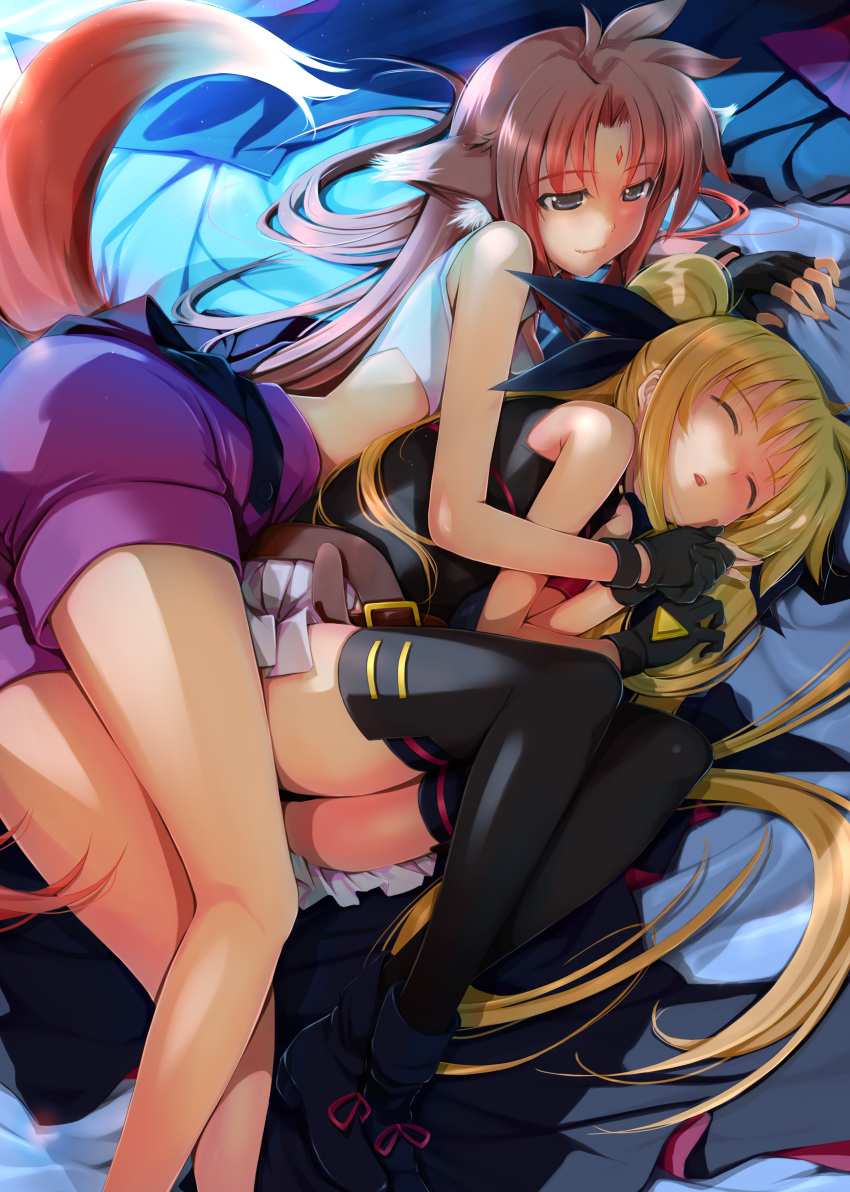 2girls absurdres animal_ears arf fate_testarossa fate_testarossa_(movie_1st_form) hair_spread_out highres lyrical_nanoha magical_girl mahou_shoujo_lyrical_nanoha mahou_shoujo_lyrical_nanoha_the_movie_1st mikazuki_akira! multiple_girls sleeping tail thighhighs yuri