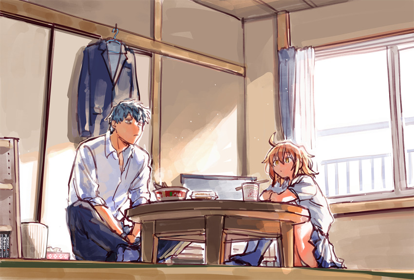 1boy 1girl ahoge alternate_costume blue_jacket blue_pants blue_skirt blue_socks chopsticks closed_mouth clothes_hanger collared_shirt cup_ramen curtains donbee_(food) donbei_tempura_soba fate/grand_order fate_(series) flat_screen_tv food fujimaru_ritsuka_(female) grey_hair hair_between_eyes highres indian_style indoors instant_soba jacket knees_up looking_ahead looking_at_food looking_down medium_hair nissin_cup_noodle nissin_donbei no_shoes noodles orange_eyes orange_hair panties pants pantyshot pleated_skirt ramen round_table saitou_hajime_(fate) shirt short_hair short_sleeves side_ponytail sitting skirt sleeves_rolled_up socks table television tissue_box underwear uni_(nico02) unworn_jacket white_panties white_shirt window wooden_table yellow_eyes