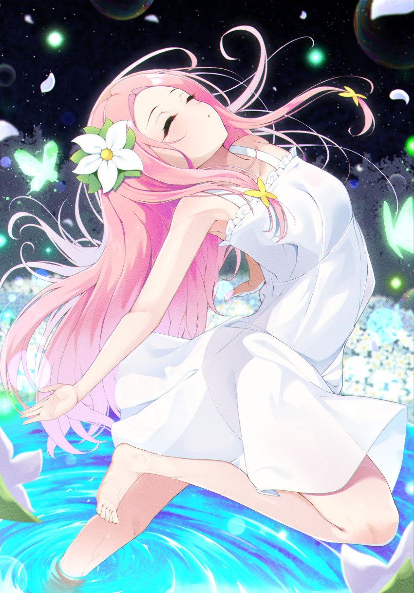 1girl arched_back barefoot bug butterfly closed_eyes closed_mouth commentary commission cure_felice dress english_commentary flower from_side glowing_butterfly hair_down hair_flower hair_ornament hanami_kotoha highres insect leaning_forward leg_up long_hair magical_girl mahou_girls_precure! medium_dress meshiya_(naruga-501-kuaru) mixed-language_commentary outstretched_arms petals pink_hair pixiv_commission precure solo spread_arms standing standing_on_one_leg sundress wading water white_dress wind