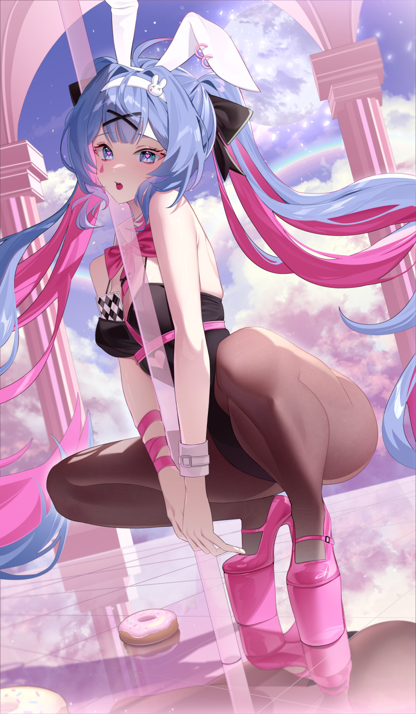 1girl absurdres animal_ear_piercing animal_ears aqua74286 arm_ribbon bare_shoulders black_leotard black_pantyhose blue_eyes blue_hair blue_sky bow bowtie bracelet card clothing_cutout cloud commentary_request cutout_above_navel detached_collar donut fake_animal_ears food full_body hair_ornament hairband hatsune_miku heart heart_cutout heart_in_eye highres jewelry leotard long_hair looking_at_viewer multicolored_hair object_in_bra open_mouth outdoors pantyhose pillar pink_bow pink_bowtie pink_hair pink_pupils pink_ribbon pink_shoes platform_footwear platform_heels playboy_bunny pole rabbit_ears rabbit_hole_(vocaloid) rainbow reflective_floor ribbon shoes sky solo squatting stripper_pole sweatdrop symbol_in_eye teardrop_facial_mark twintails two-tone_hair very_long_hair vocaloid white_hairband x_hair_ornament