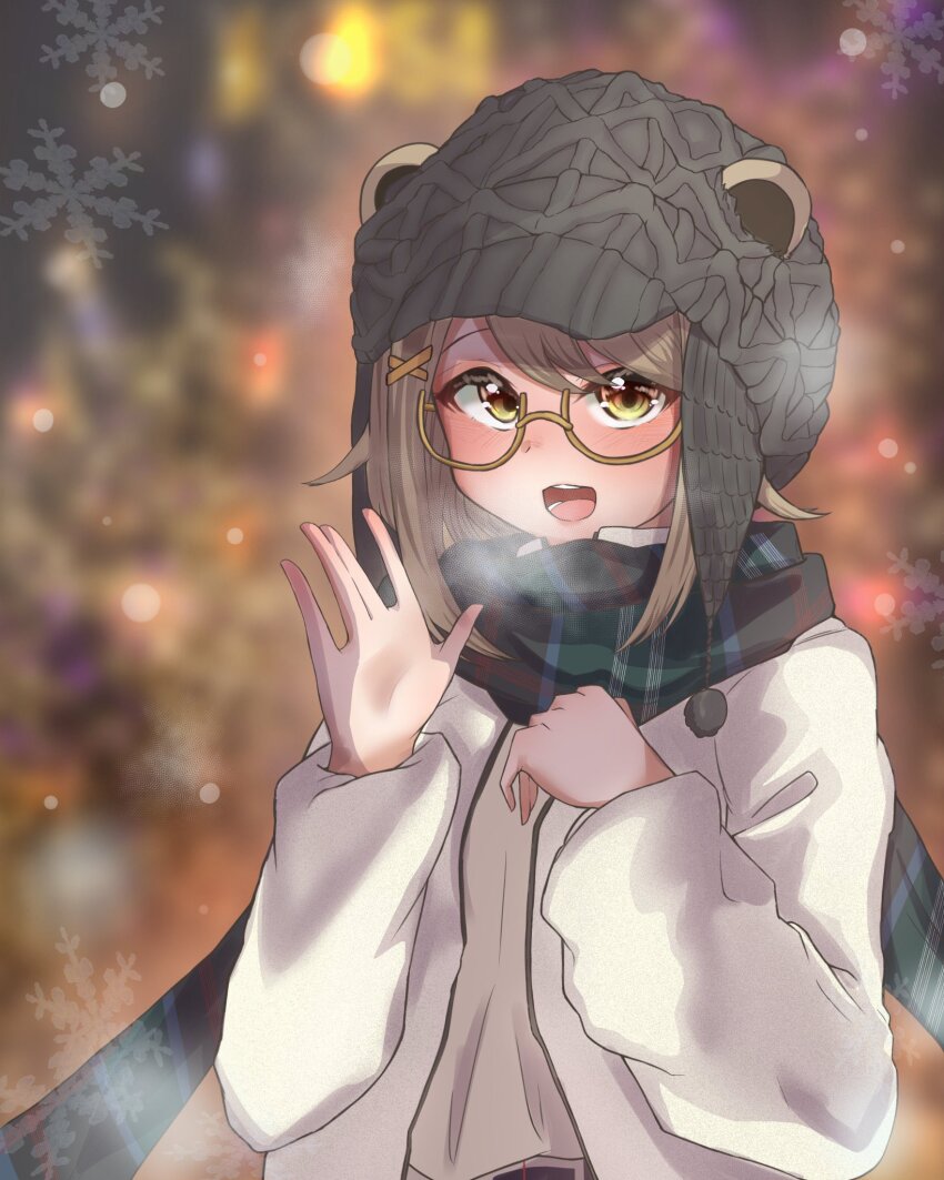 1girl \||/ alternate_costume bespectacled blurry blush bokeh brown_eyes brown_hair brown_shirt depth_of_field glasses grey_hat hat highres jacket knit_hat konan_mia long_sleeves looking_at_viewer meerkat_ears nanashi_inc. open_mouth plaid_clothes plaid_scarf scarf shirt short_hair smile snowflakes snowing solo suke_(user_pczw4434) upper_body virtual_youtuber waving white_jacket winter_clothes yellow-framed_eyewear