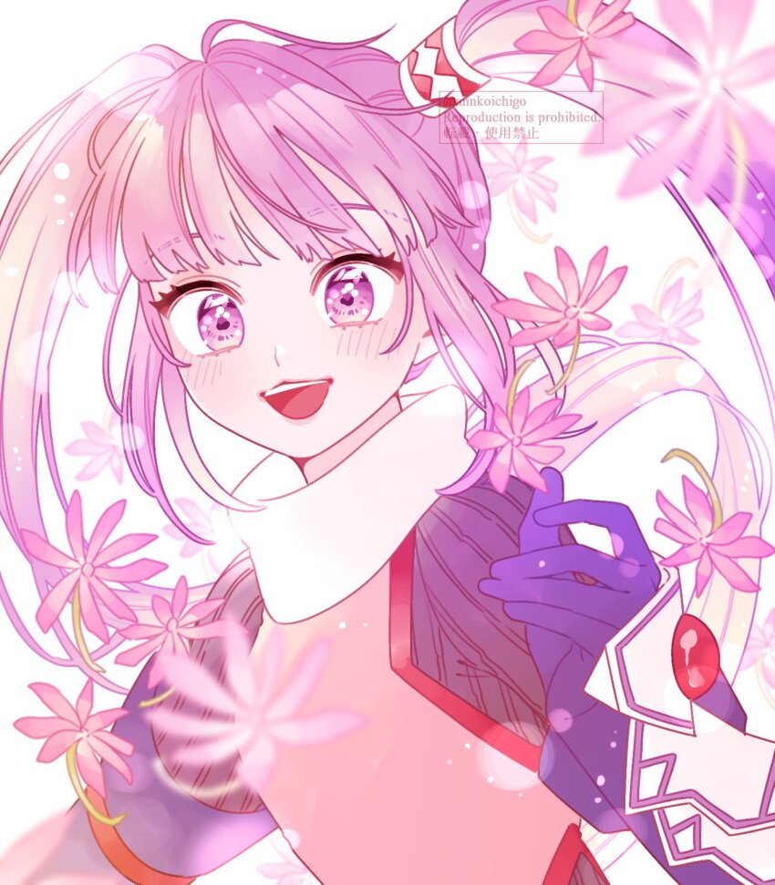 1girl :d annkoichigo blurry blurry_foreground commentary_request flower gloves highres looking_at_viewer open_mouth purple_eyes purple_flower purple_gloves purple_hair smile solo sophie_(tales) tales_of_(series) tales_of_graces teeth twintails upper_body upper_teeth_only watermark