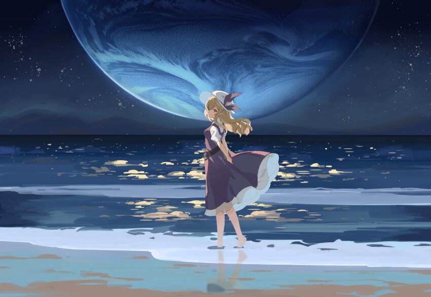 1girl absurdres beach bow devilkillerx dress full_body hat hat_bow hat_ribbon highres long_hair moon purple_dress ribbon single_strap touhou watatsuki_no_toyohime