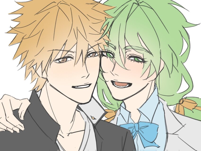 1boy 1girl bleach bleach:_sennen_kessen-hen espada green_eyes green_hair hair_ribbon highres kurosaki_ichigo long_hair nelliel_tu_odelschwanck official_alternate_costume orange_hair ribbon school_uniform smile twintails xixixixi_xi