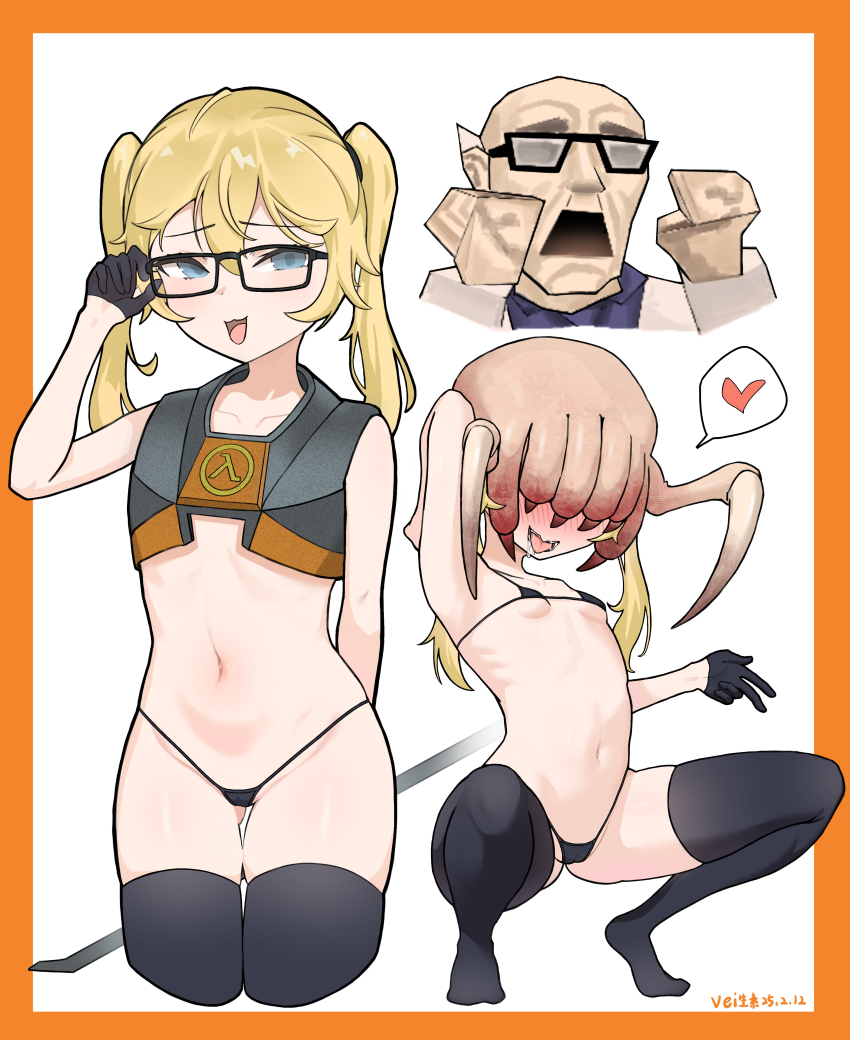 1boy 2girls :3 absurdres bikini black_gloves black_thighhighs blonde_hair glasses gloves gordon_freeman grey_eyes half-life_(series) headcrab highres loli looking_at_viewer m_legs multiple_girls navel open_mouth scientist spread_legs squatting standing string_bikini swimsuit thighhighs twintails vei_shengsu white_background