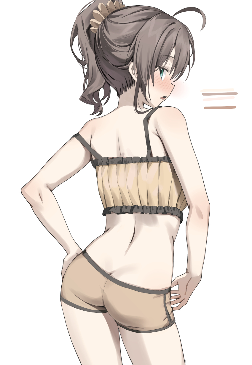 1girl absurdres ahoge ass back bare_arms bare_shoulders blue_eyes brown_hair butt_crack commentary cowboy_shot crop_top from_behind hair_ornament hair_scrunchie hand_on_own_hip highres hololive long_hair looking_at_viewer looking_back median_furrow midriff natsuiro_matsuri natsuiro_matsuri_(matsuri&#039;s_day_off) open_mouth ponytail ribbed_shirt scarlet_(wv0102) scrunchie shirt short_shorts shorts simple_background sleeveless sleeveless_shirt solo strap_slip symbol-only_commentary virtual_youtuber white_background yellow_shirt yellow_shorts