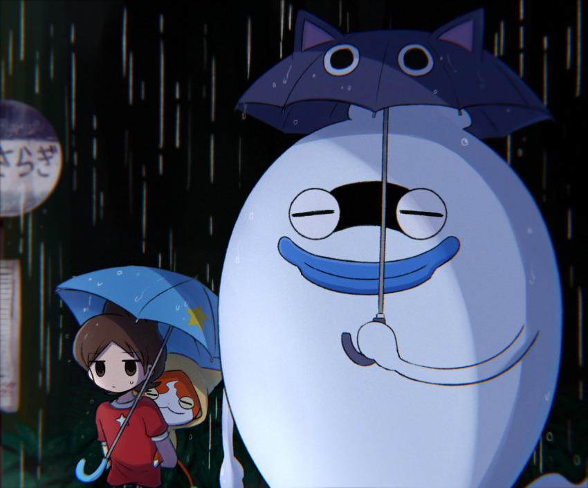 1boy amano_keita animal animal_on_back black_background blinking_inside_eyes blurry brown_hair carrying chromatic_aberration creature creature_focus depth_of_field facing_ahead holding holding_umbrella jibanyan jitome kokouemae looking_ahead no_nose outdoors over_shoulder parody piggyback rain red_shirt shirt short_hair short_sleeves side-by-side sweatdrop t-shirt tonari_no_totoro totoro_bus_stop umbrella umbrella_over_shoulder whisper_(youkai_watch) youkai_watch