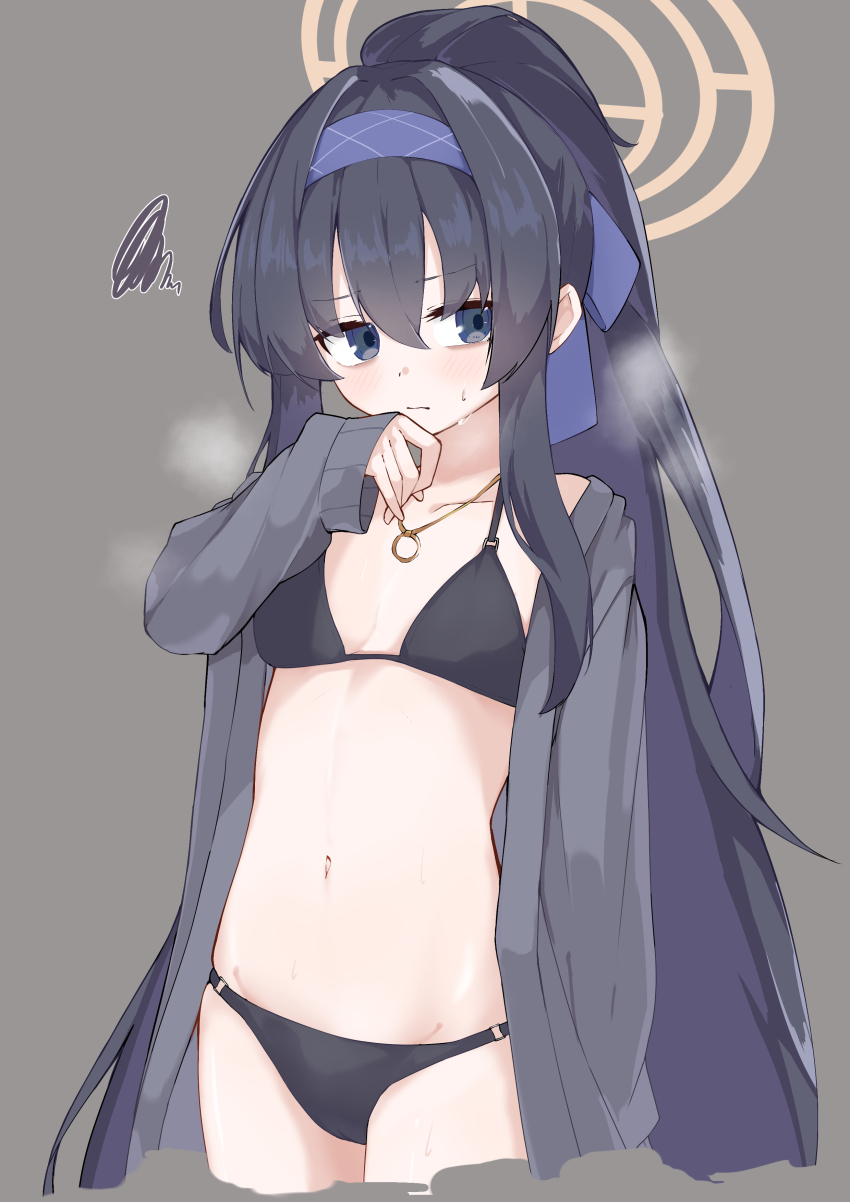 1girl absurdres bikini black_bikini black_hair blue_archive blue_eyes blue_hairband blue_ribbon blush breasts breath brown_halo cardigan closed_mouth collarbone commentary cowboy_shot frown grey_background grey_cardigan hair_between_eyes hair_ribbon hairband halo hand_up highres jewelry long_hair looking_to_the_side navel necklace official_alternate_costume official_alternate_hairstyle open_cardigan open_clothes osmium-76 ponytail ribbon sidelocks simple_background sleeves_past_wrists small_breasts solo squiggle stomach sweat swimsuit ui_(blue_archive) ui_(swimsuit)_(blue_archive) very_long_hair
