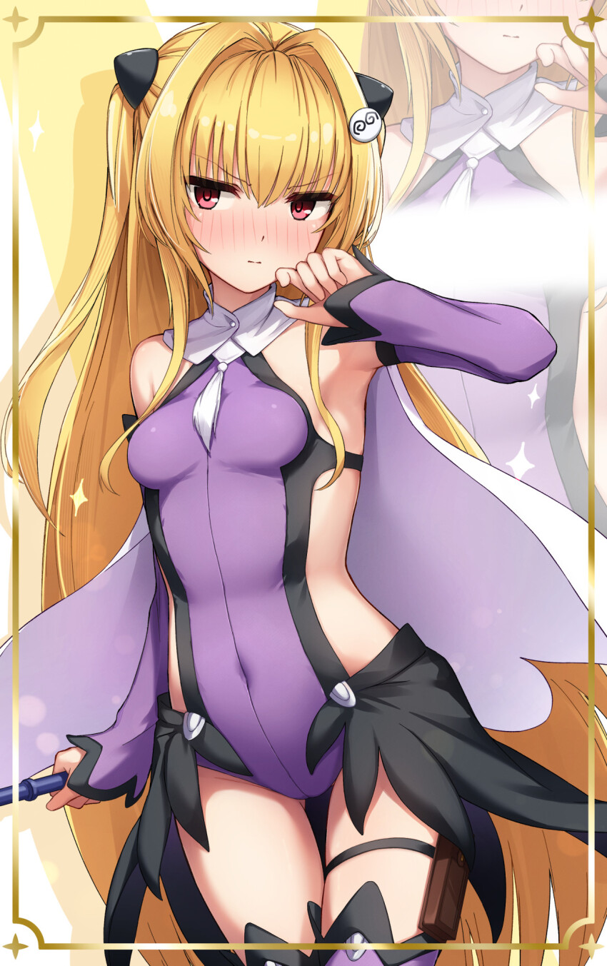 1girl arm_at_side armpits bare_shoulders blonde_hair blush border breasts card_holster commentary commission cosplay cowboy_shot detached_sleeves drop_shadow english_commentary fate/kaleid_liner_prisma_illya fate_(series) gluteal_fold hair_intakes hair_ornament hand_up highres holding konjiki_no_yami leotard long_hair looking_at_viewer magical_girl miyu_edelfelt miyu_edelfelt_(magical_girl) miyu_edelfelt_(magical_girl)_(cosplay) nakata_(nkt_vvd) nose_blush outside_border purple_leotard purple_sleeves purple_thighhighs red_eyes skeb_commission small_breasts solo thighhighs to_love-ru two_side_up very_long_hair zoom_layer