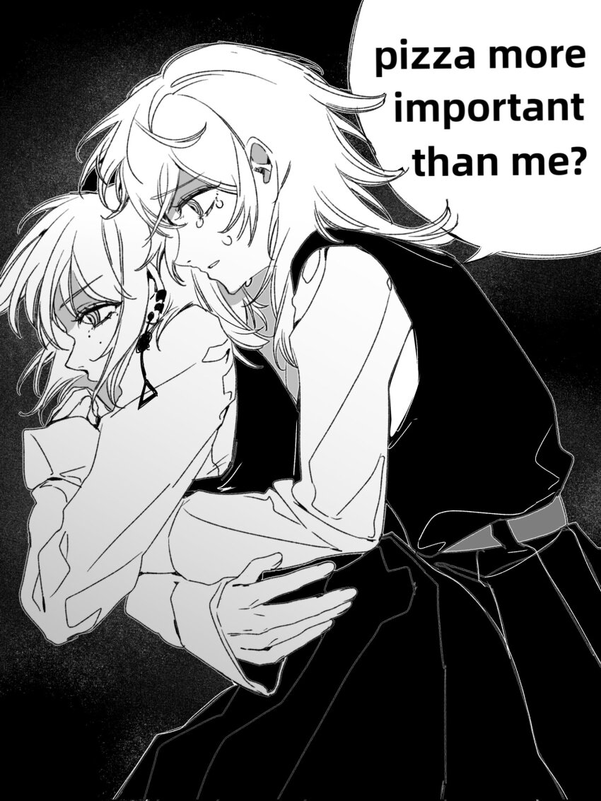 2girls chainsaw_man commentary_request death_devil_(chainsaw_man) dress earrings english_text engrish_text fami_(chainsaw_man) fourth_east_high_school_uniform from_side greyscale highres hug hug_from_behind jewelry messy_hair mole mole_under_eye monochrome multiple_girls multiple_moles pinafore_dress ranguage ringed_eyes school_uniform shirt sleeveless sleeveless_dress speech_bubble tearing_up yijiao_wuran