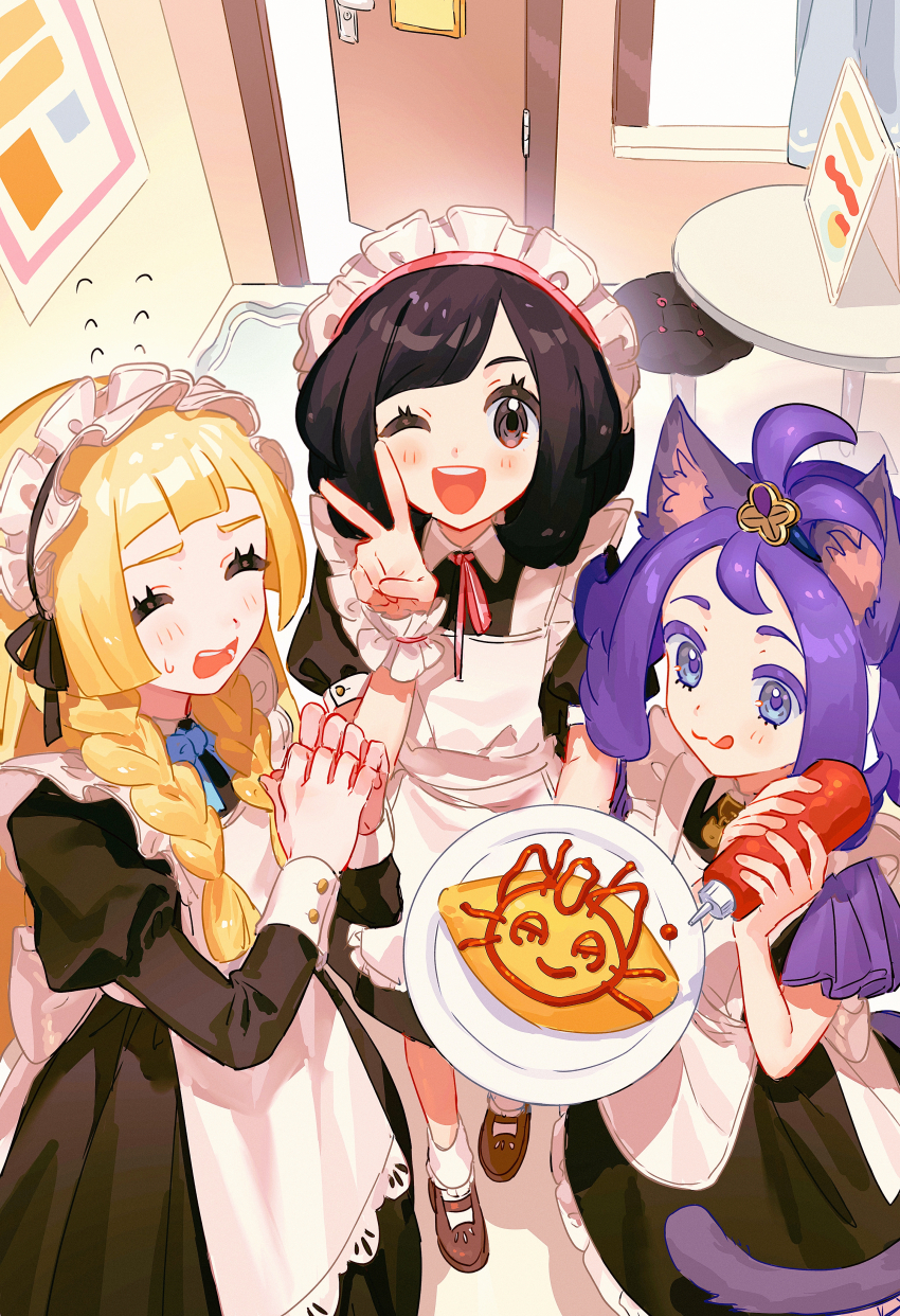 3girls :p ;d absurdres acerola_(pokemon) alolan_form alolan_meowth alternate_costume animal_ear_fluff animal_ears apron black_dress black_eyes black_hair blonde_hair braid cat_ears cat_tail closed_mouth dress eyelashes food fua1heyvot4ifsr gen_7_pokemon highres holding holding_food holding_plate indoors juliet_sleeves lillie_(pokemon) long_hair long_sleeves looking_at_viewer maid maid_apron maid_headdress multiple_girls nintendo one_eye_closed open_mouth plate pokemon pokemon_sm puffy_short_sleeves puffy_sleeves purple_eyes purple_hair selene_(pokemon) short_hair short_sleeves smile tail tongue tongue_out twin_braids v