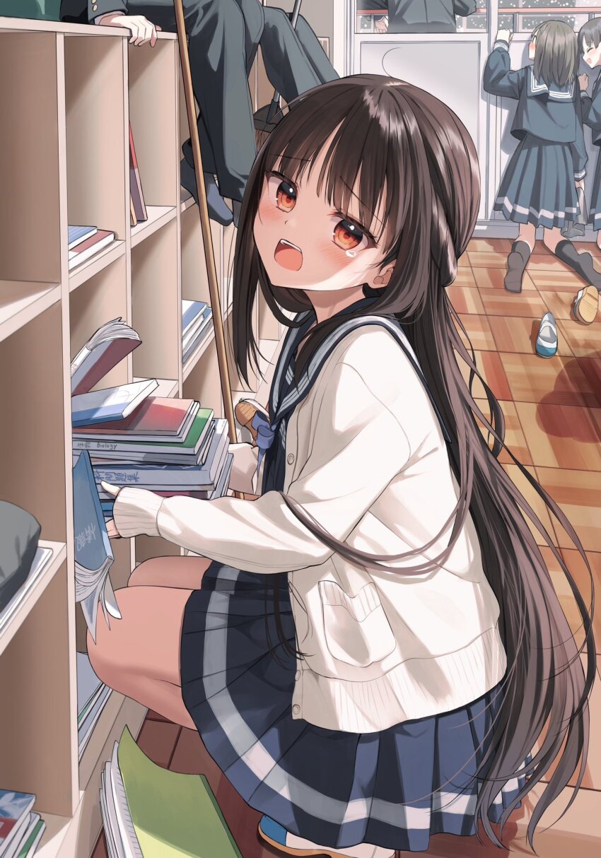 3boys 3girls :d ^_^ black_jacket black_pants black_socks blue_bow blue_sailor_collar blue_serafuku blue_shirt blue_skirt blush bow brown_hair cardigan closed_eyes commentary_request from_side gakuran highres jacket kneeling long_hair looking_at_viewer looking_to_the_side multiple_boys multiple_girls on_floor open_cardigan open_clothes open_mouth original osana_naruka pants pentagon_(railgun_ky1206) pleated_skirt red_eyes sailor_collar school_uniform serafuku shirt shoes skirt smile socks soles solo_focus squatting tears very_long_hair white_cardigan white_footwear wooden_floor