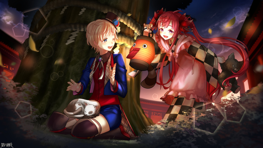1boy 1girl :d ;d animal animal_on_lap architecture black_hat blonde_hair blue_eyes blue_jacket blush bolo_tie cat cat_on_lap checkered_sleeves dairoku_ryouhei east_asian_architecture flower hair_flower hair_ornament hat hat_flower highres jacket kamishima_tw lantern leaning_forward night on_lap one_eye_closed open_mouth outdoors paper_lantern purple_eyes red_hair red_vest rope shimenawa short_hair smile stuffed_animal stuffed_toy twintails vest white_cat