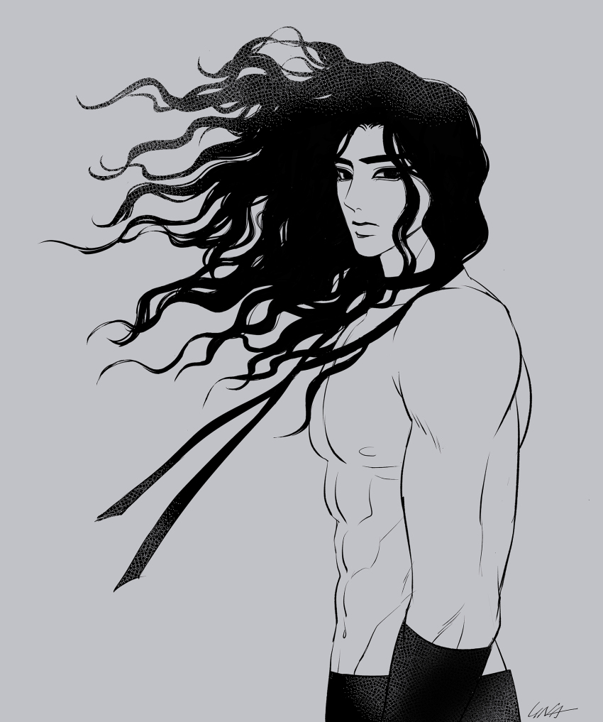 1boy abs ancient_egyptian ancient_egyptian_clothes anubis_(ennead) armband black_armband black_collar black_hair black_ribbon black_skirt collar cowboy_shot curly_hair ennead from_side greyscale hair_blowing highres liyasepvst long_hair looking_at_viewer looking_to_the_side male_focus monochrome muscular navel nipples pectorals ribbon ribbon_around_neck shendyt shirtless_male skirt solo toned toned_male toned_stomach topless_female topless_male wind
