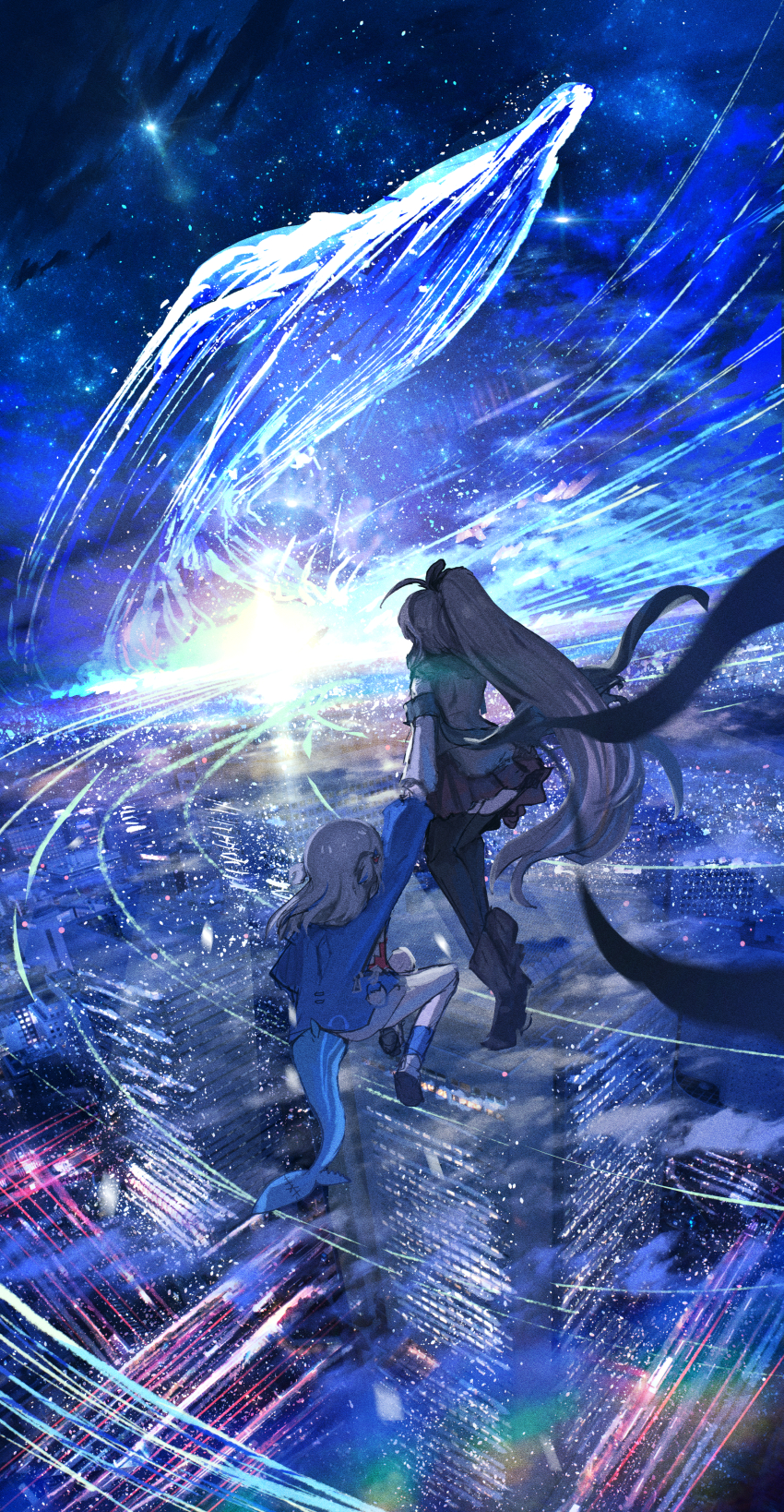 2girls absurdres advarcher animal_costume animal_hood black_thighhighs blue_hoodie boots brown_boots brown_cloak brown_corset brown_hair building city cityscape cloak commentary corset english_commentary feather_hair_ornament feathers fins fish_tail floating from_behind gawr_gura gawr_gura_(1st_costume) grey_hair hair_ornament highres holding_hands hololive hololive_english holomyth hood hoodie long_exposure long_hair multicolored_hair multiple_girls nanashi_mumei nanashi_mumei_(1st_costume) night outdoors scenery shark_costume shark_girl shark_hair_ornament shark_hood shark_tail sky skyscraper star_(sky) starry_sky streaked_hair tail thighhighs two_side_up virtual_youtuber whale