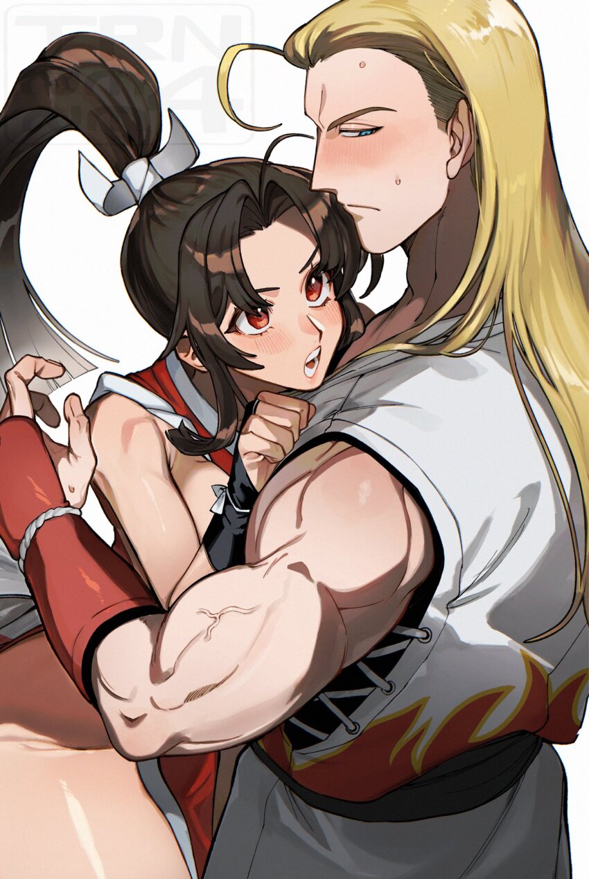 1boy 1girl andy_bogard averting_eyes bare_shoulders blonde_hair blue_eyes blush brown_eyes brown_hair cowboy_shot dougi fatal_fury fingerless_gloves gloves hair_ornament hair_slicked_back hand_on_another&#039;s_chest high_ponytail highres long_hair looking_at_another muscular ninja open_mouth parted_bangs ponytail shiranui_mai sweat sweatdrop the_king_of_fighters trnnmnm4 watermark white_background