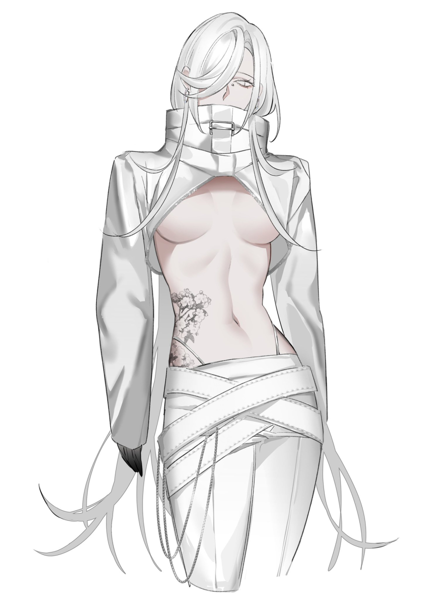 1girl absurdly_long_hair belt black_gloves breasts buckle covered_mouth cropped_legs crossed_belts dress_pants eyelashes flower_tattoo gem gloves hair_over_one_eye highleg highleg_panties highres hip_tattoo jacket long_hair long_sleeves medium_breasts multiple_belts navel nox_(path_to_nowhere) panties pants path_to_nowhere revealing_clothes ribbon-trimmed_belt ribs simple_background skinny sleeves_past_wrists solo standing swept_bangs tattoo toho10min turtleneck turtleneck_jacket underwear very_long_hair white_background white_belt white_eyes white_hair white_jacket white_pants white_theme