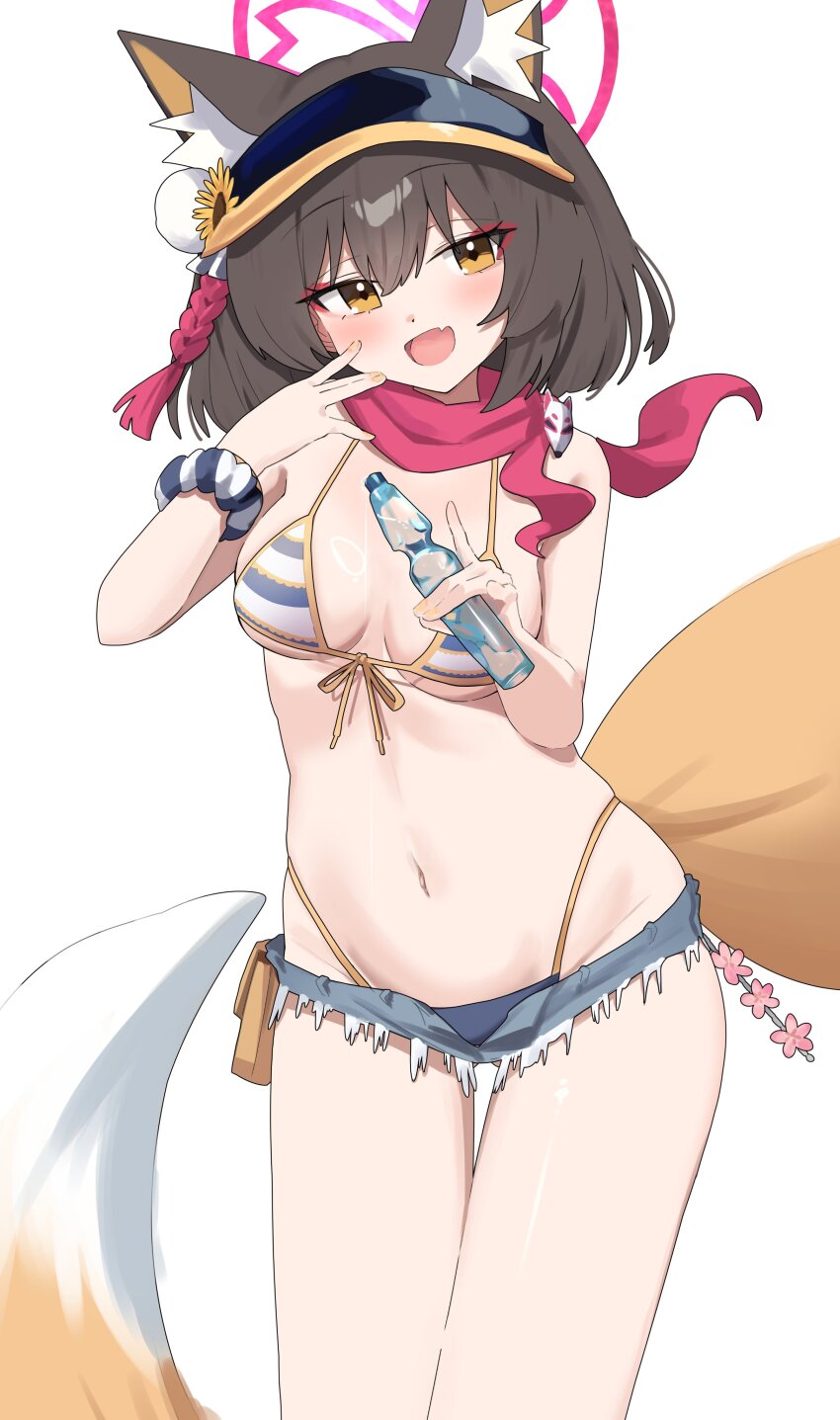 1girl absurdres animal_ears bikini blue_archive d_(delt4) denim denim_shorts flower fox_ears fox_girl fox_tail hair_flower hair_ornament halo highres izuna_(blue_archive) izuna_(swimsuit)_(blue_archive) micro_shorts pink_halo pink_scarf scarf shorts solo striped_bikini striped_clothes sunflower sunflower_hair_ornament swimsuit tail