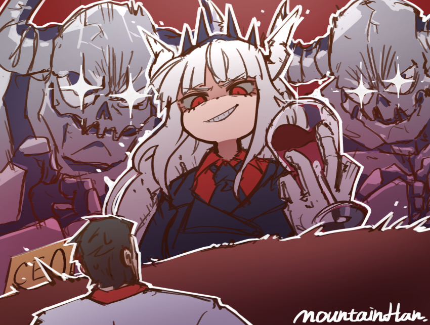 1boy 1girl business_suit cup demon_girl desk drinking_glass formal_clothes gloves grin helltaker helltaker_(character) highres horns long_hair looking_up lucifer_(helltaker) mountain_han red_eyes red_shirt shirt skeleton skeleton_(helltaker) smile smirk sparkling_eyes suit very_long_hair white_gloves white_hair white_horns wine_glass
