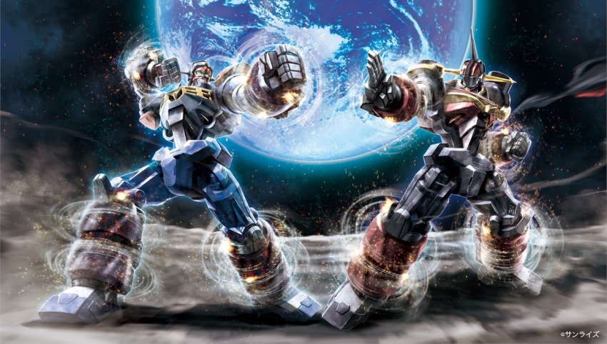 as&#039;maria clenched_hand clenched_hands clenched_teeth dendou fighting_stance gear_senshi_dendou glowing glowing_eyes green_eyes mecha motion_blur no_humans oger open_hand planet robot science_fiction space super_robot teeth