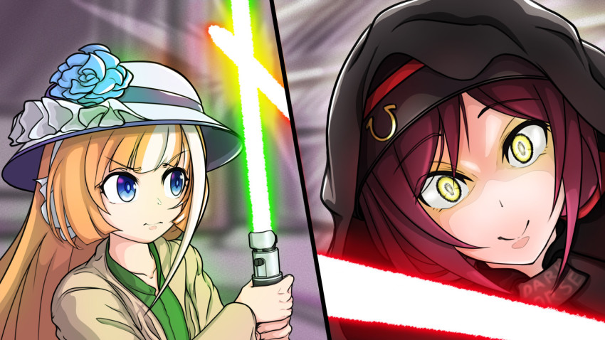 2girls akikawa_yayoi_(umamusume) alternate_eye_color alternate_hair_color blue_eyes blue_flower collarbone cosplay ctn_sasuke energy_sword flower green_lightsaber hat hayakawa_tazuna holding holding_weapon horseshoe_ornament lightsaber multicolored_hair multiple_girls orange_hair palpatine palpatine_(cosplay) parody red_lightsaber robe scene_reference sidelocks star_wars star_wars:_revenge_of_the_sith streaked_hair sun_hat sword umamusume weapon white_hair white_headwear yellow_eyes yoda yoda_(cosplay)