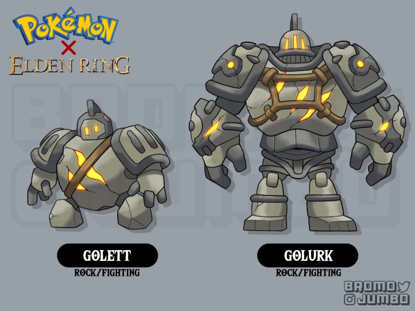 bromojumbo elden_ring evolutionary_line fusion gen_5_pokemon golem golem_(elden_ring) golett golurk grey_background highres instagram_username logo nintendo no_humans pokemon pokemon_(creature) simple_background standing twitter_username