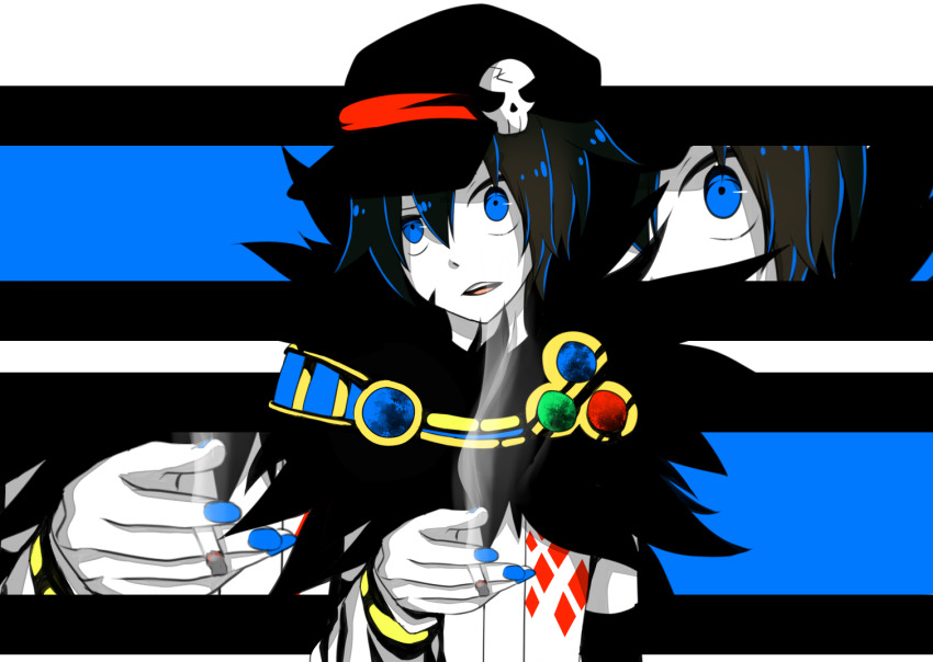 1boy argyle_clothes argyle_shirt black_hair black_hat blue_eyes blue_nails cigarette commentary_request fingernails fur_collar hair_between_eyes hat hat_ornament high_contrast holding holding_cigarette looking_at_viewer male_focus meiko_(nattu303) newsboy_cap open_mouth ragnarok_online shirt short_hair skull_hat_ornament solo sorcerer_(ragnarok_online) upper_body white_shirt zoom_layer