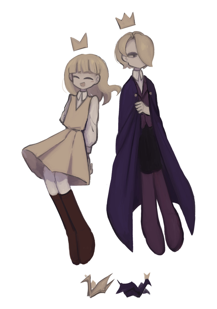 1boy 1girl ^_^ arms_behind_back black_eyes black_pants blonde_hair blunt_bangs boots brother_and_sister brown_boots cape cape_hold closed_eyes collared_shirt collared_vest crown dress expressionless eyeshadow floating_crown floating_hair full_body gold_crown hair_over_one_eye half-closed_eyes happy high_collar highres king_olly knee_boots light_blush long_hair long_sleeves makeup mario_(series) medium_dress nintendo no_mouth olivia_(paper_mario) open_mouth origami pants paper_crane paper_mario paper_mario:_the_origami_king personification pinafore_dress pleated_dress purple_boots purple_cape purple_vest shirt short_hair siblings simple_background sleeveless sleeveless_dress smile uchuuko v-neck vest white_background white_shirt yellow_dress