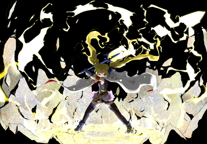1girl armband arms_up ban_(777purin) bardiche_(nanoha) bardiche_(zanber_form)_(nanoha) belt black_boots black_leotard black_thighhighs blonde_hair boots brown_belt cape commentary debris electricity energy_sword fate_testarossa fate_testarossa_(blaze_form) gauntlets holding holding_sword holding_weapon huge_weapon leotard long_hair looking_at_viewer lyrical_nanoha magical_girl mahou_shoujo_lyrical_nanoha mahou_shoujo_lyrical_nanoha_a&#039;s mahou_shoujo_lyrical_nanoha_the_movie_2nd_a&#039;s miniskirt over_shoulder pink_skirt pleated_skirt red_eyes skirt sleeveless standing sword thighhighs twintails very_long_hair weapon weapon_over_shoulder white_cape