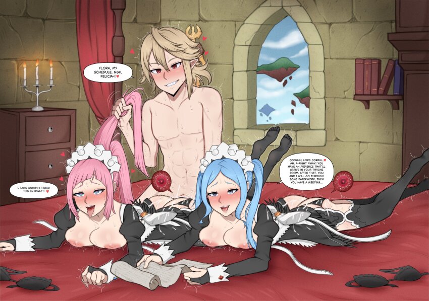 clothed_female_nude_male defaultwaifu felicia_(fire_emblem) ffm_threesome fire_emblem fire_emblem_fates flora_(fire_emblem) group_sex highres holding_hands male_corrin_(fire_emblem) nintendo nude second-party_source sex tagme threesome