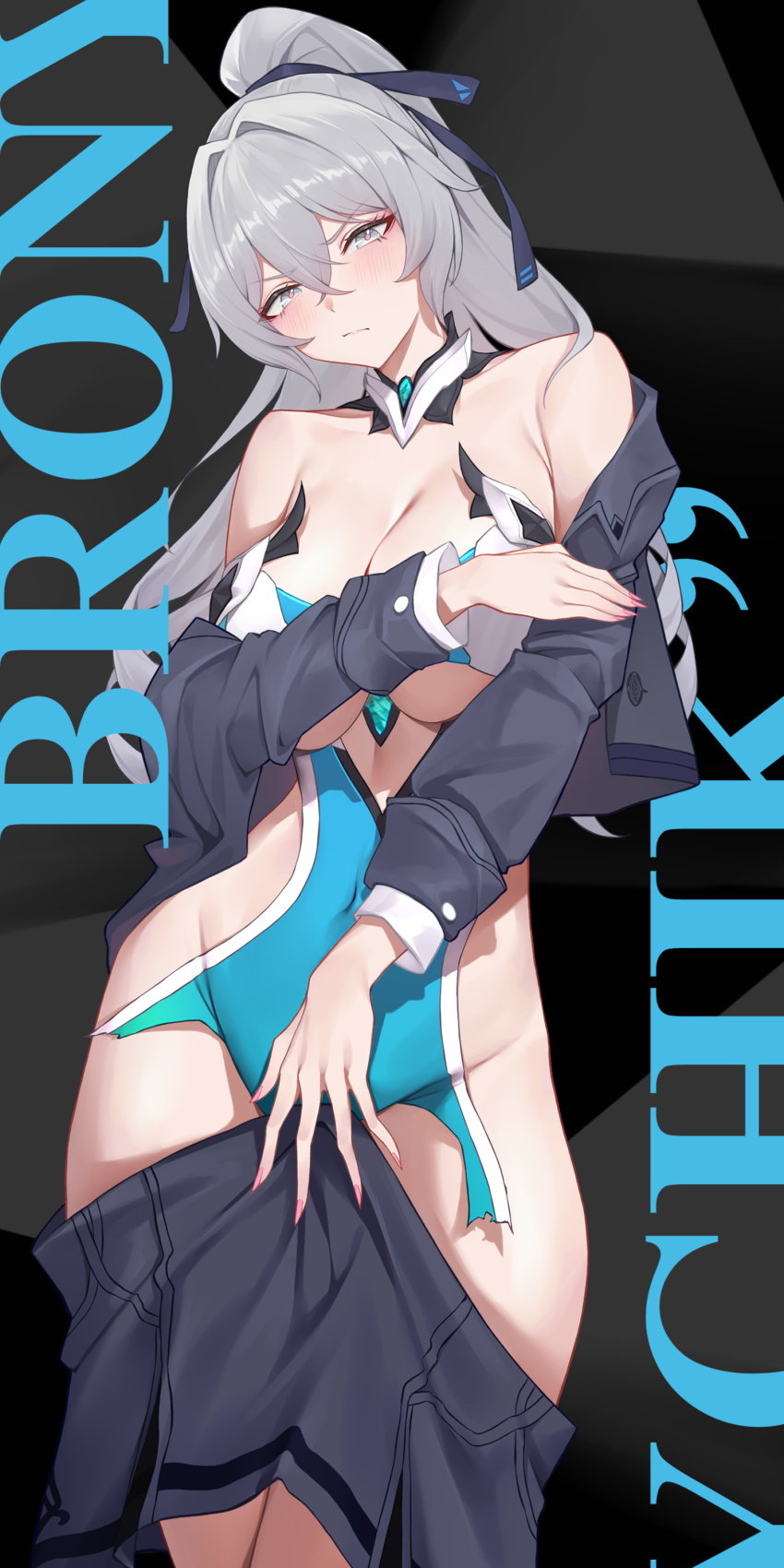 1girl absurdres black_background black_jacket black_ribbon black_skirt blue_bodysuit blush bodysuit breasts bronya_zaychik bronya_zaychik_(herrscher_of_truth) bronya_zaychik_(outstanding_attitude) bronya_zaychik_(silverwing:_n-ex) character_name chinese_commentary closed_mouth collarbone commentary_request cowboy_shot fingernails grey_eyes grey_hair groin hair_between_eyes hair_ribbon highres honkai_(series) honkai_impact_3rd jacket large_breasts long_hair looking_at_viewer nail_polish official_alternate_costume open_clothes open_jacket pink_nails red_pupils ribbon ruo_zhishi_chu_jian self_cosplay skirt solo stomach torn_bodysuit torn_clothes wardrobe_malfunction