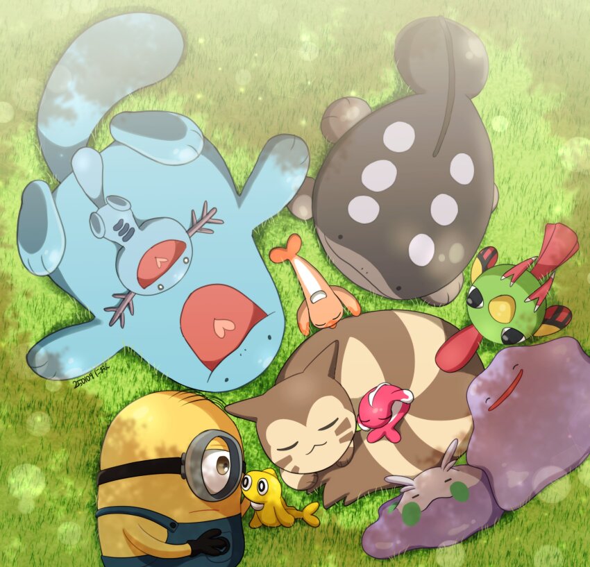 absurdres all_fours black_mittens clodsire closed_eyes denim_overalls despicable_me ditto furret gen_1_pokemon gen_2_pokemon gen_6_pokemon goggles goomy grass happy highres lying minion_(despicable_me) mittens natu nintendo nion156394 no_humans on_back on_grass on_stomach open_mouth overalls pokemon pokemon_(creature) quagsire sleeping tail tatsugiri tatsugiri_(curly) tatsugiri_(droopy) tatsugiri_(stretchy) wooper