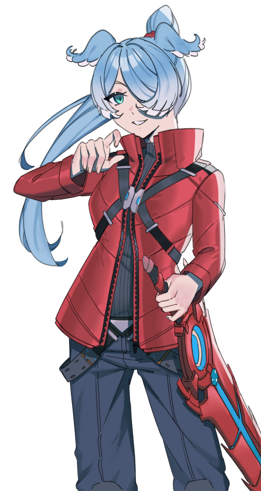 1girl :3 absurdres arm_up asymmetrical_bangs asymmetrical_sidelocks belt black_belt black_sweater blue_eyes blue_hair blue_pants blue_wings breasts buckle chest_harness collared_jacket colored_tips contrapposto cosplay cross-shaped_pupils curled_fingers dot_nose elira_pendora eyebrows_hidden_by_hair floating_hair grin hair_intakes hair_over_one_eye hair_tie hair_wings half-closed_eyes harness head_tilt head_wings high_ponytail highres holding holding_sword holding_weapon jacket karassawa legs_apart long_eyelashes long_hair long_sleeves looking_at_viewer monado multicolored_hair narrowed_eyes nijisanji nijisanji_en open_clothes open_jacket pants parted_bangs parted_lips ponytail raised_eyebrows red_jacket reverse_grip ribbed_sweater shulk_(xenoblade) shulk_(xenoblade)_(cosplay) sidelocks simple_background smile smirk snap-fit_buckle solo standing sweater sweater_tucked_in sword symbol-shaped_pupils teeth thick_eyelashes turtleneck turtleneck_jacket turtleneck_sweater two-tone_hair two-tone_wings unzipped v-shaped_eyebrows very_long_hair virtual_youtuber weapon white_background white_hair white_wings wings xenoblade_chronicles_(series) zipper