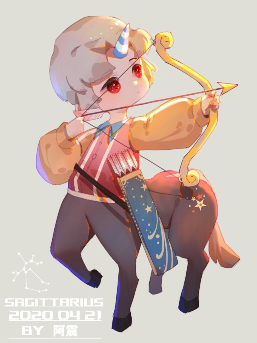 1boy archery arrow_(projectile) artist_name bow_(weapon) centaur chibi closed_mouth dated drawing_bow full_body grey_background grey_hair highres holding holding_bow_(weapon) holding_weapon horns long_sleeves looking_to_the_side multiple_legs original puffy_long_sleeves puffy_sleeves quiver red_eyes red_shirt sagittarius_(constellation) sagittarius_(zodiac) shirt short_hair single_horn solo standing_on_three_legs taur weapon yellow_sleeves yi_er_san zodiac