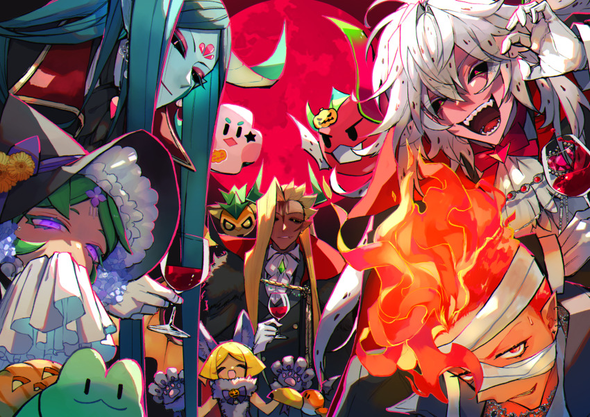 1girl 2boys 3others alcohol alternate_costume ananas_dragon_cookie animal animal_ears animal_hands aqua_hair aqua_skin ascot bandaged_head bandages bird black_cape black_headwear black_ribbon black_sclera blonde_hair bow cape closed_eyes closed_mouth collared_shirt colored_eyelashes colored_sclera colored_skin cookie_run cup dark_skin dragon_fruit dragon_horns dragon_wings drinking_glass eyeshadow facial_hair fake_animal_ears fire_spirit_cookie flower frills frog full_moon gem gloves glowing green_gemstone green_hair grin hair_between_eyes halloween happy hat height_difference highres holding holding_cup horns humanization hydrangea_cookie k4m long_hair looking_at_viewer lotus_dragon_cookie makeup mango_cookie moon multiple_boys multiple_others neck_ribbon open_mouth orange_bird orange_eyes orange_hair orange_skin parted_bangs pink_eyes pink_eyeshadow pink_skin pitaya_dragon_cookie pointy_ears pumpkin purple_bow purple_eyes red_moon red_ribbon ribbon sharp_teeth shirt short_hair sidelocks smile sunflower tan teeth toucan white_ascot white_gloves white_hair white_shirt wine wine_glass wings yellow_eyes